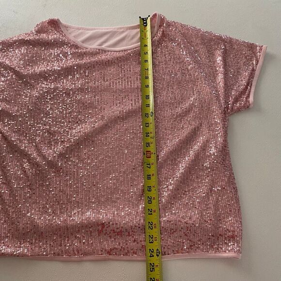 Sucolan Pink Sequin Top NWT | Sparkly Short Sleeve Party Blouse Women’s Size L/X - Picture 5 of 8